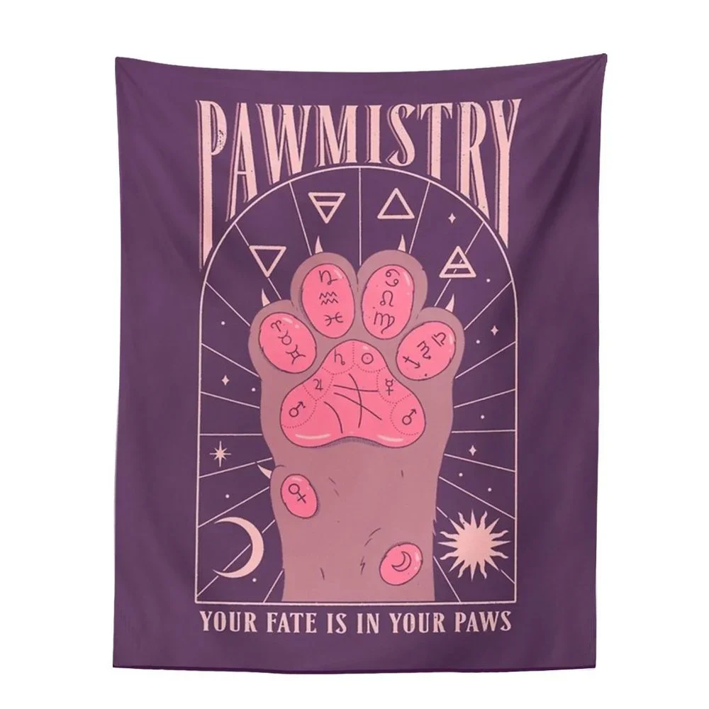 Pawmistry Tapestry Funny Cute Cat Tarot Palmistry Witchy Wall Decor Pink Purple